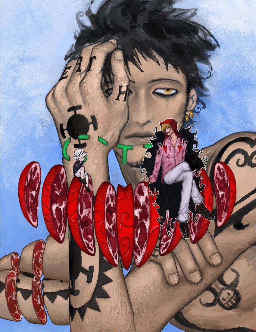2boys aged_down arm_tattoo black_coat black_hair blonde_hair chest_tattoo child coat crossed_legs dark_skin devil_fruit devil_fruit_power donquixote_rocinante earrings hand_on_own_face hand_tattoo heart heart_print highres hv48ell jewelry looking_at_another makeup male_focus multiple_boys one_piece pink_shirt shirt short_hair shoulder_tattoo sitting sliced tattoo topless_male trafalgar_law yellow_eyes
