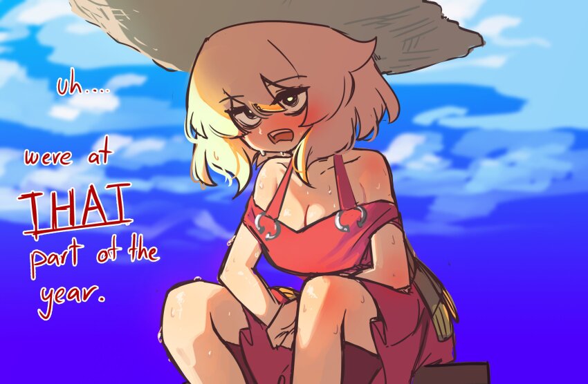 1girl annoyed bare_legs bare_shoulders blonde_hair blue_sky blush breasts centurii-chan centurii-chan_(character) cloud collarbone commentary day english_commentary english_text hat highres hot large_breasts open_mouth original outdoors sitting sky solo straw_hat sweat