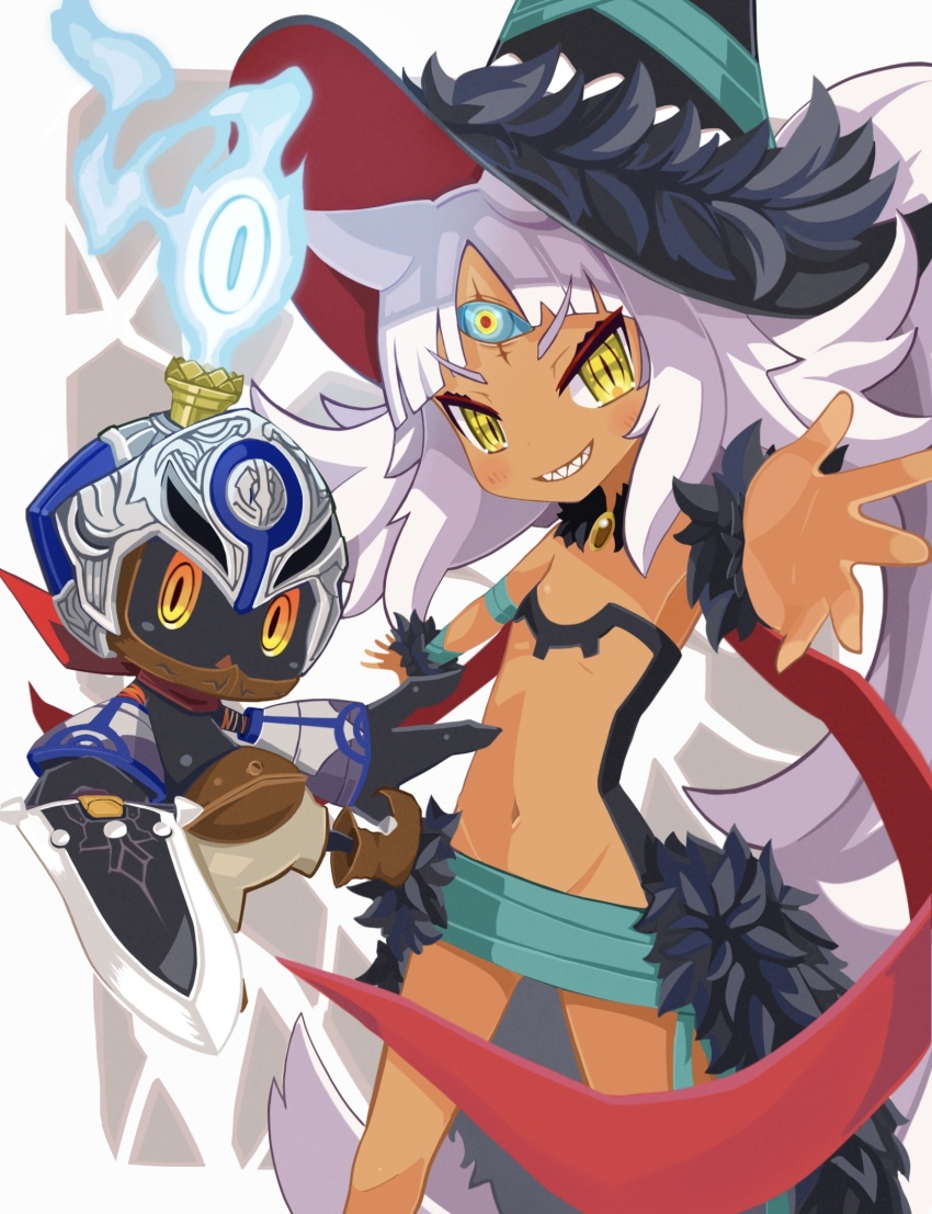 1girl 1other armor black_hat blue_fire blush chelka dagger dark-skinned_female dark_skin fire floating fur_(clothing) grin hat highres hyakkihei knife long_hair looking_at_viewer majo_to_hyakkihei_2 navel open_hands orange_eyes sharp_teeth smile stomach suaman teeth third_eye v-shaped_eyebrows weapon white_hair witch_hat yellow_eyes
