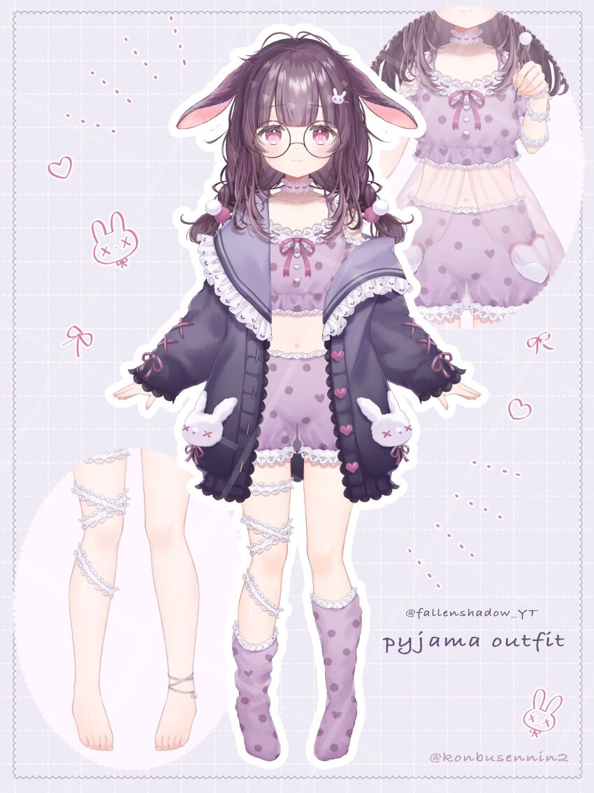1girl animal_ears asymmetrical_footwear barefoot blush reference_sheet choker fallenshadow fallenshadow_(pajamas) frilled_choker frilled_shirt frilled_shorts frilled_socks frills glasses grey_jacket hair_ornament highres indie_virtual_youtuber inset jacket leglet long_hair low_twintails messy_hair navel off_shoulder official_alternate_costume official_art pajamas purple_eyes purple_hair purple_pajamas purple_ribbon purple_socks rabbit_ears rabbit_hair_ornament rabbit_ornament ribbon round_eyewear shirt shorts socks syukonbu triple_ahoge twintails uneven_footwear virtual_youtuber