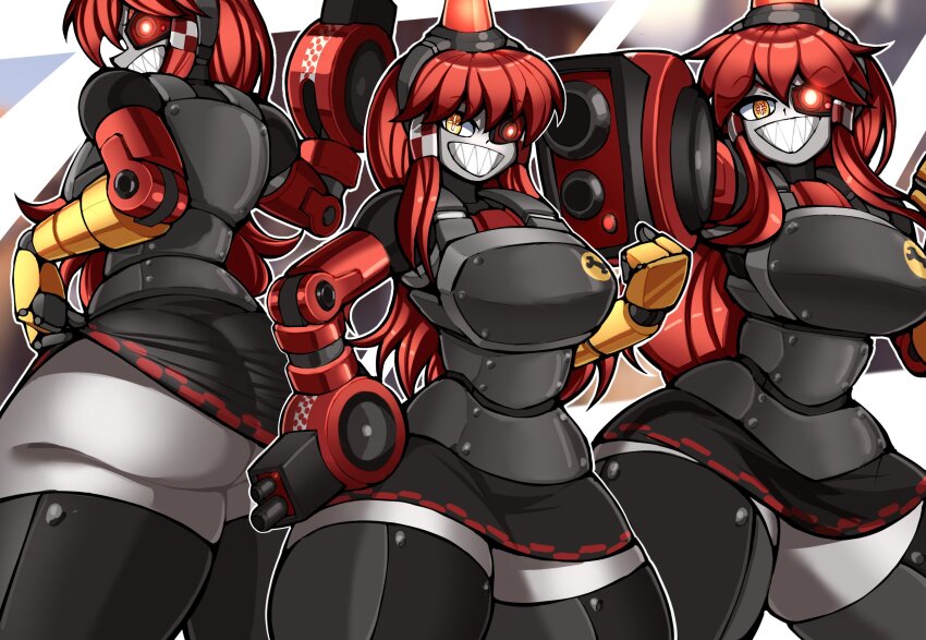 1girl aiming aiming_at_viewer alarm_siren arm_cannon ass black_dress black_thighhighs borrowed_character breasts checkered_trim clenched_hand clothes_lift commentary crosshair_pupils dress dress_lift english_commentary fewer_digits grin hado_(zzzhadozzz) hair_between_eyes hand_on_own_hip heterochromia highres joints large_breasts lifting_own_clothes long_hair looking_at_viewer looking_back mimi-sentry_(flyingpiggles) multiple_views original outline personification red_eyes red_hair robot robot_girl robot_joints sharp_teeth smile team_fortress_2 teeth thighhighs weapon white_outline wrench yellow_eyes
