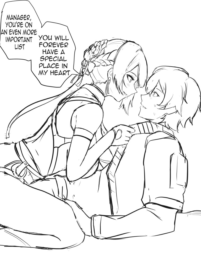 1boy 1girl absurdres arm_strap blush braid english_text evelyn_chevalier gloves hair_up highres lineart simple_background speech_bubble straddling sweat tian_kazuki white_background wise_(zenless_zone_zero) zenless_zone_zero