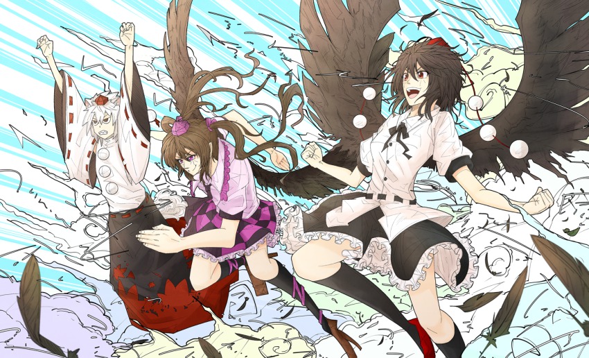 action animal_ears black_hair blue_eyes brown_hair detached_sleeves explosion feathers female_focus hat himekaidou_hatate inubashiri_momiji messy_hair multiple_girls open_mouth pandora-ex pom_pom_(clothes) red_eyes shameimaru_aya short_hair short_sleeves skirt smile tokin_hat touhou twintails white_hair wolf_ears