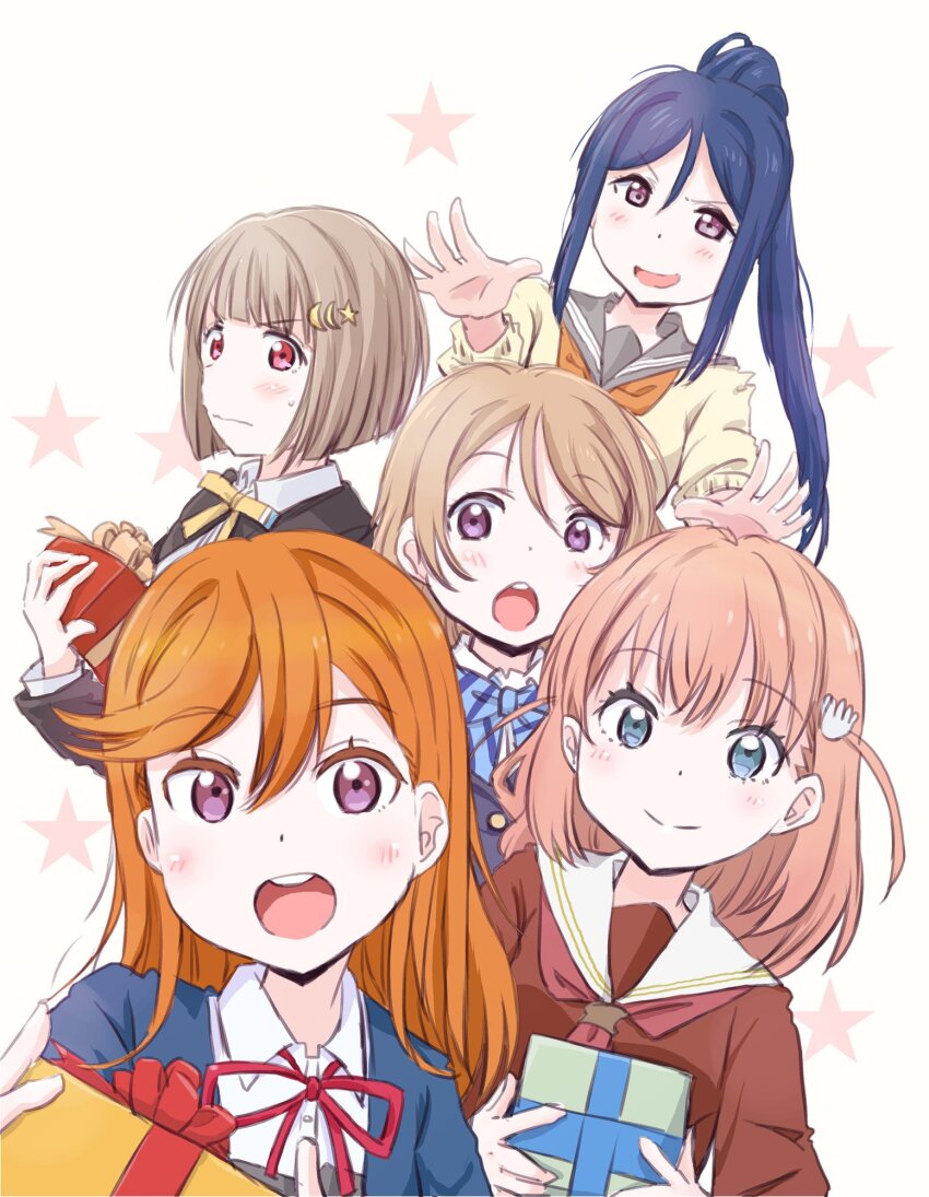 5girls :d :o blue_eyes blue_hair blush bob_cut brown_hair closed_mouth commentary_request crescent crescent_hair_ornament gift hair_between_eyes hair_ornament hairclip hasu_no_sora_school_uniform highres hinoshita_kaho holding holding_gift incoming_gift inverted_bob koizumi_hanayo link!_like!_love_live! long_hair looking_at_viewer love_live! love_live!_nijigasaki_high_school_idol_club love_live!_school_idol_project love_live!_series_asia_tour_2024 love_live!_sunshine!! love_live!_superstar!! maruyo matsuura_kanan medium_hair multiple_girls nakasu_kasumi nijigasaki_school_uniform open_hands open_mouth orange_hair otonokizaka_school_uniform ponytail purple_eyes rabbit_hair_ornament round_teeth school_uniform shibuya_kanon short_hair sidelocks simple_background smile split_mouth star_(symbol) teeth upper_teeth_only uranohoshi_school_uniform v-shaped_eyebrows white_background yuigaoka_school_uniform