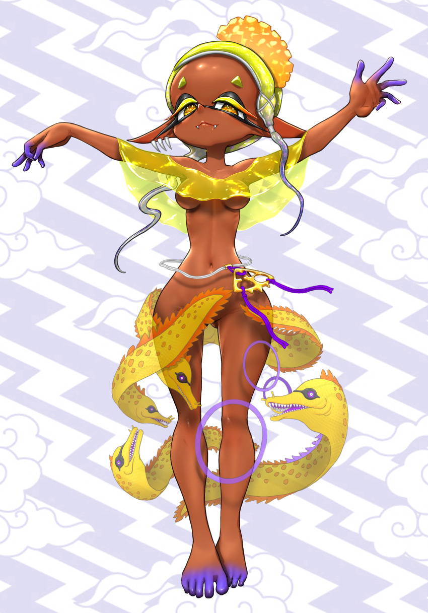1girl belt bikini blonde_hair blush breasts charm_(object) cloud colored_eyelashes convenient_censoring cross-shaped_pupils dancing dark-skinned_female dark_skin ear_blush earrings eel fangs floating_clothes frye_(splatoon) full_body gluteal_fold gradient_hair hair_ornament highres inkling jewelry koharu2.5 long_hair medium_breasts multicolored_hair multiple_earrings navel nintendo nose_blush nude patterned_background pointy_ears pointy_nose polka_dot polka_dot_hair pom_pom_(clothes) pom_pom_hair_ornament purple_hair pussy see-through_clothes see-through_shawl shawl splatoon_(series) standing swimsuit symbol-shaped_pupils tentacle_hair twintails white_bikini wide_hips yellow_eyes yellow_pupils zig-zag_pattern