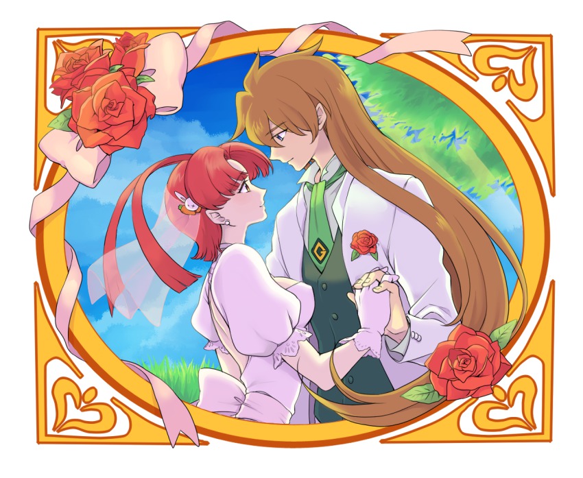 1990s_(style) 1boy 1girl antenna_hair backless_dress backless_outfit bad_id bad_pixiv_id blue_eyes breasts bridal_veil bride brown_eyes brown_hair rabbit carrot cloud couple dress earrings covered_erect_nipples eye_contact flower framed gloves grass groom hair_ornament holding_hands height_difference hetero interlocked_fingers jewelry kudou_akira long_hair looking_at_another necktie red_flower red_hair red_rose ribbon rose shishiou_gai short_hair sky smile tree tuxedo utsugi_mikoto veil wedding_dress yuusha_ou_gaogaigar yuusha_series