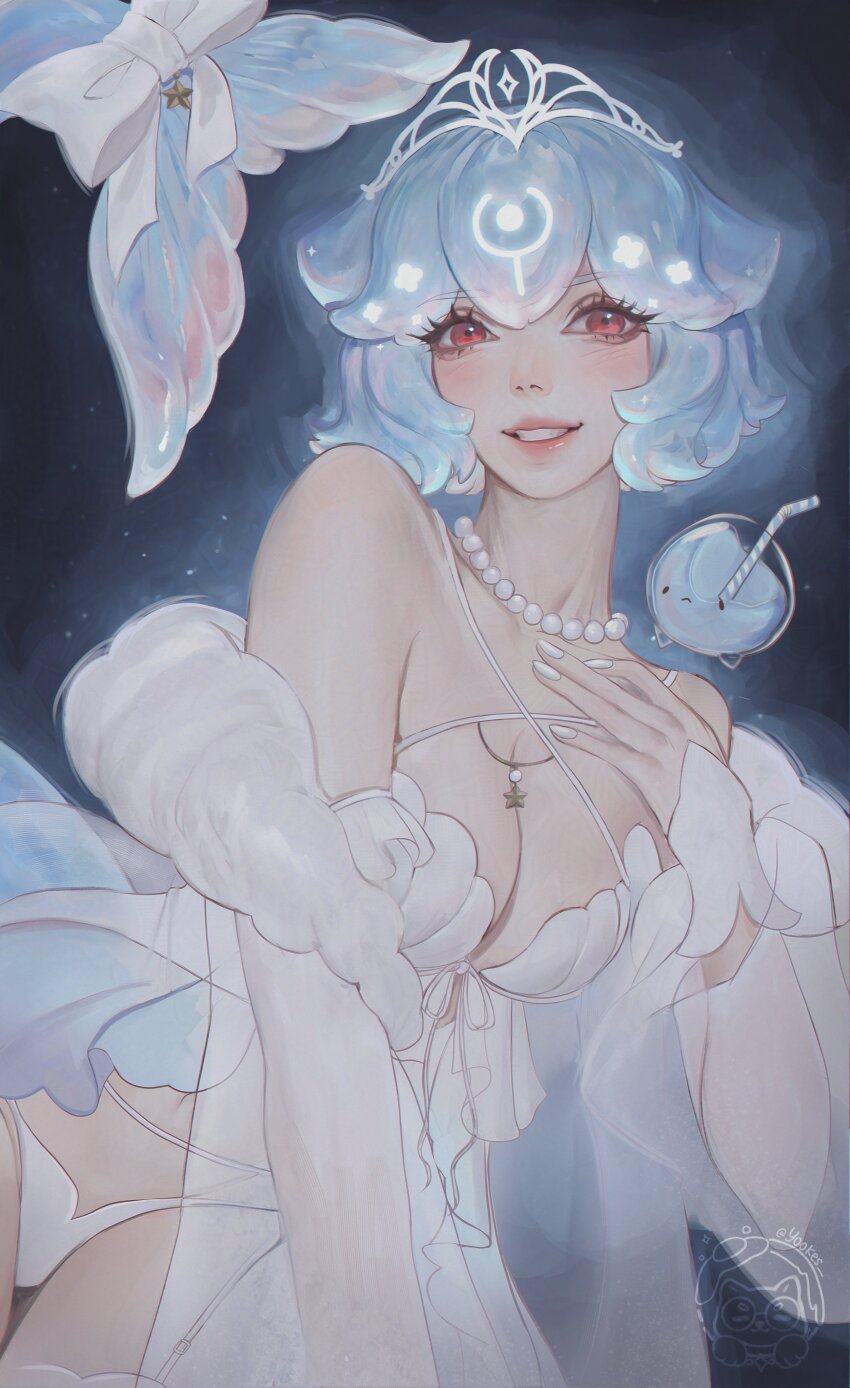 1girl absurdres aged_up bao_(vtuber) bare_shoulders blue_hair bow breasts cetacean_tail cleavage collarbone commentary detached_sleeves dress drinking_straw english_commentary fins fish_tail highres indie_virtual_youtuber jewelry large_breasts lips looking_at_viewer medium_hair necklace nose panties pearl_necklace red_eyes see-through_clothes see-through_dress see-through_sleeves smile solo tail tail_bow tail_ornament thigh_gap underwear virtual_youtuber white_bow white_panties yuki_lu