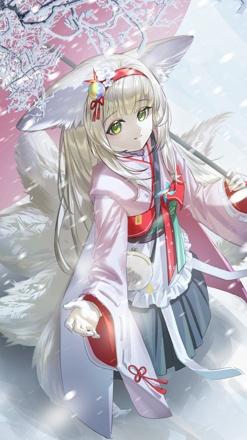 1girl absurdres alternate_costume animal_ears arknights blonde_hair closed_mouth green_eyes hairband highres holding holding_umbrella japanese_clothes kimono pink_kimono red_hairband shale smile solo suzuran_(arknights) tail umbrella wide_sleeves