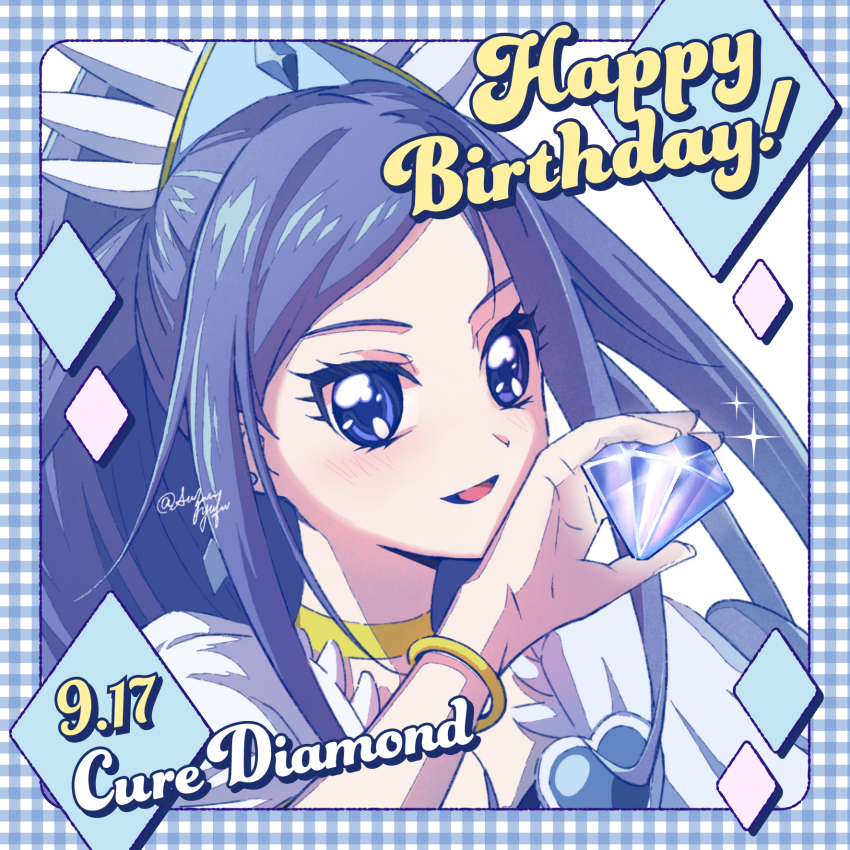 1girl birthday blue_bow blue_eyes blue_hair bow bracelet brooch choker crystal_earrings cure_diamond dated diamond_(gemstone) dokidoki!_precure earrings hair_ornament happy_birthday heart heart_brooch high_ponytail highres hishikawa_rikka jewelry long_hair looking_at_viewer magical_girl open_mouth ponytail precure signature smile solo suzumi_yufu wide_ponytail yellow_choker