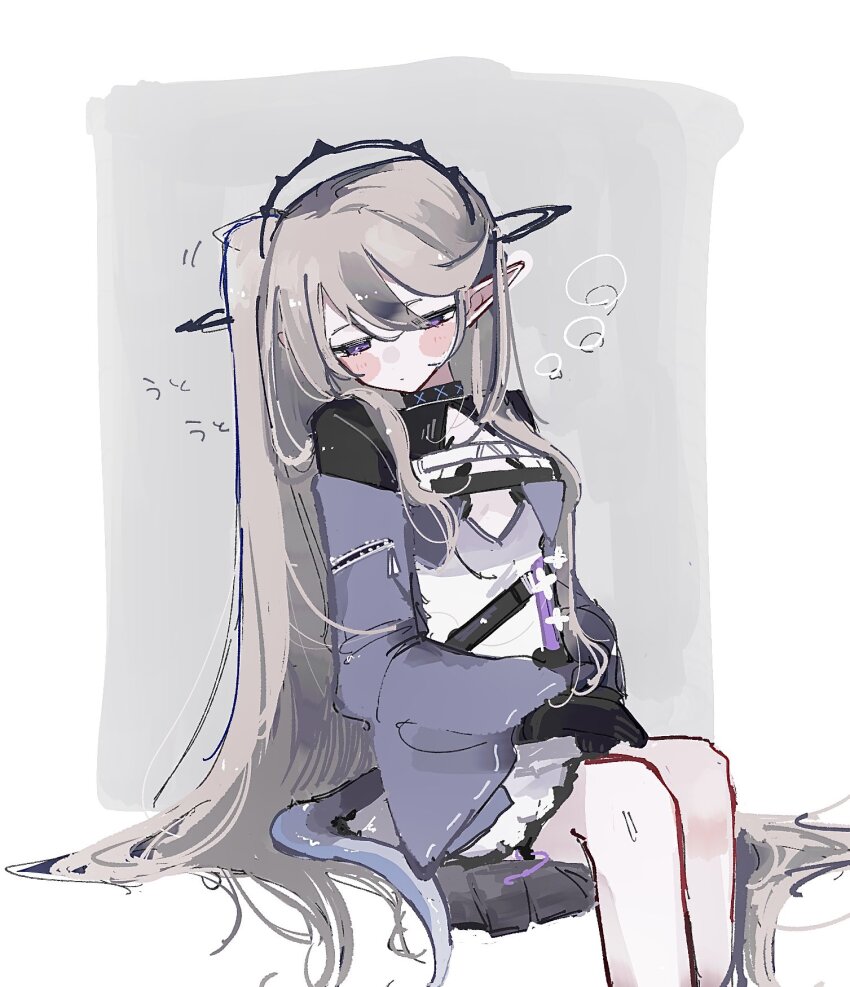 1girl arknights black_gloves blonde_hair blush breasts closed_mouth commentary_request dot_mouth double-parted_bangs dress feet_out_of_frame gloves hair_between_eyes hair_flowing_over half-closed_eyes hands_on_lap highres indigo_(arknights) infection_monitor_(arknights) invisible_chair jacket long_hair looking_down medium_breasts pointy_ears purple_eyes purple_jacket purple_tail sitting snake_girl snake_tail solo tail very_long_hair white_dress y_(negima)