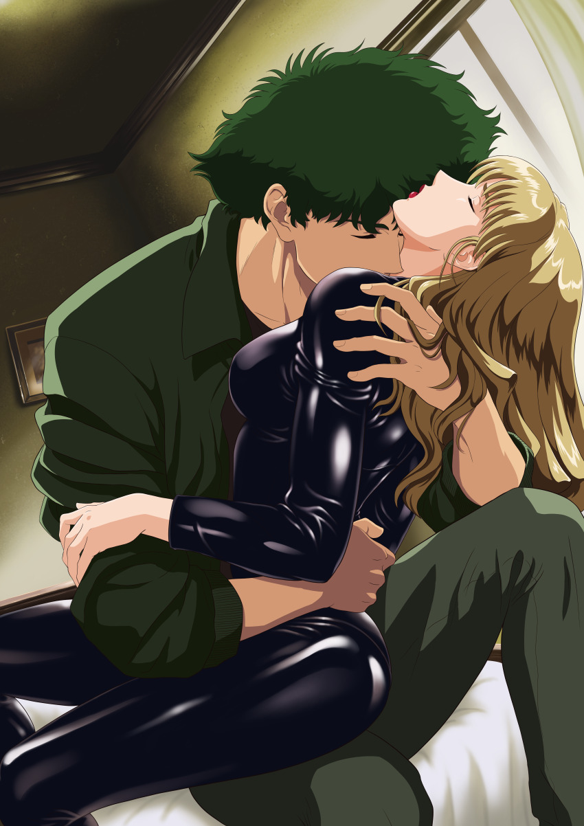 absurdres blonde_hair catsuit closed_eyes couple cowboy_bebop green_hair highres julia_(cowboy_bebop) kissing_neck leather nekro-comix on_bed spike_spiegel
