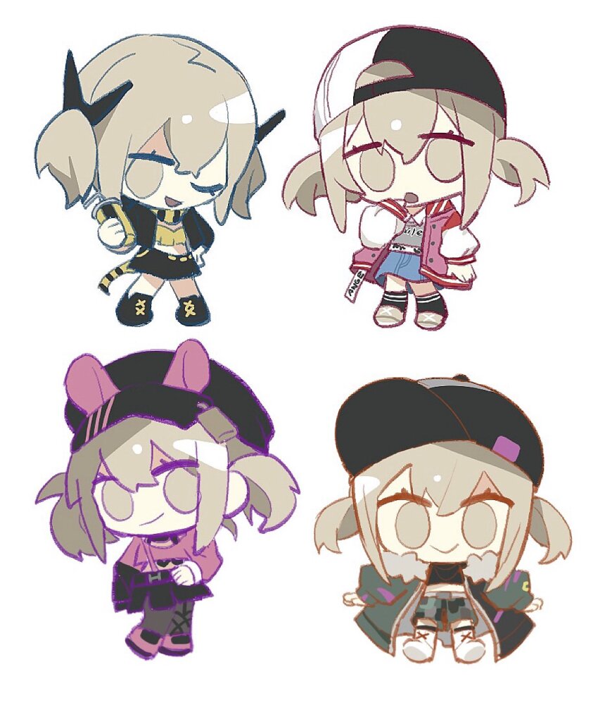 1girl awakening_beat_(project_sekai) azusawa_kohane backwards_hat baseball_cap black_footwear black_shirt black_skirt black_socks boots brown_eyes brown_hair cabbie_hat chibi grey_shirt hat highres jacket long_sleeves multiple_views pink_fur pink_jacket pink_sweater project_sekai shirt shoes short_twintails simple_background skirt socks south_ac sweater traffic_jam_(vocaloid) twintails white_background