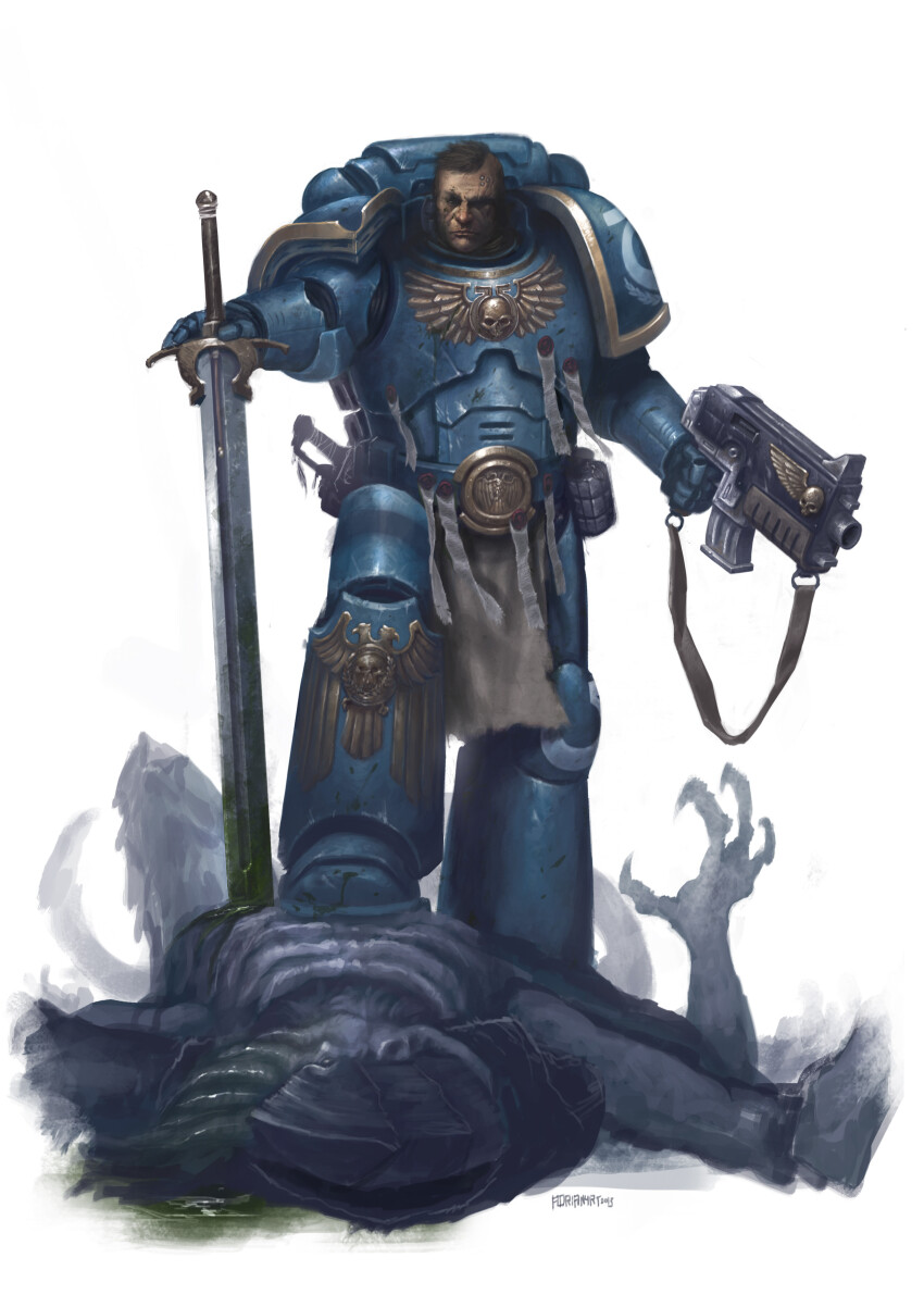 1boy absurdres adrian4rt armor armored_boots black_hair blood blue_armor boots breastplate commentary corpse couter crotch_plate cuirass dated english_commentary full_body gauntlets greaves green_blood highres leg_armor lying male_focus on_back pauldrons pelvic_curtain planted planted_sword planted_weapon poleyn power_armor rerebrace short_hair shoulder_armor standing_on_person stepped_on sword tyranid ultramarines warhammer_40k weapon white_background