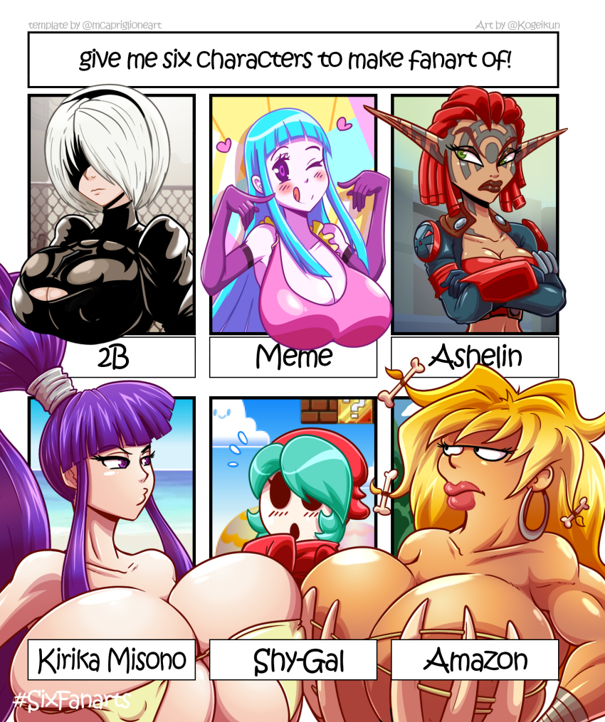 2b_(nier:automata) 6+girls ? amazon_warrior ashelin_praxis bare_shoulders bikini blonde_hair blue_hair blush bone bone_hair_ornament breast_press breasts bursting_breasts cleavage cleavage_cutout clothing_cutout dark-skinned_female dark_skin dress eiken english_text eye_contact eyelashes eyeshadow futurama gigantic_breasts green_eyes green_hair hair_ornament high_ponytail highres huge_breasts jak_and_daxter jak_ii kogeikun large_breasts long_hair looking_at_another looking_at_viewer makeup mario_(series) matching_hair/eyes me!me!me! meme_(me!me!me!) micro_bikini misono_kirika multiple_drawing_challenge multiple_girls muscular muscular_female nier:automata nier_(series) nintendo one_eye_closed open_mouth pointy_ears ponytail purple_eyes purple_hair red_hair red_lips rivalry shiny_clothes shiny_skin shy_gal six_fanarts_challenge skindentation smile strapless super_mario_bros._1 swimsuit thick_lips tribal very_long_hair white_hair wink