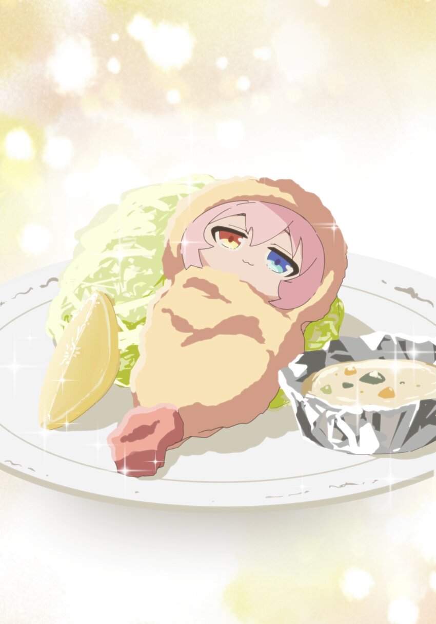 1girl :3 blue_archive blue_eyes food food_costume fried_hoshino_(meme) fruit half-closed_eyes heterochromia highres hoshino_(blue_archive) lemon lemon_slice meme orange_eyes pink_hair plate sauce shiyosan. shrimp shrimp_tempura tempura tempura_costume