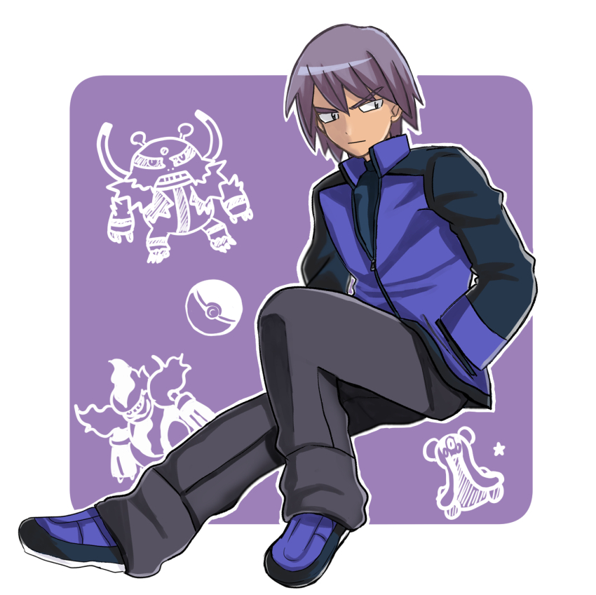 1boy blue_jacket blue_shirt blue_shoes closed_mouth electivire game_freak gastrodon gen_4_pokemon grey_pants hand_in_pocket highres jacket magmortar male_focus nintendo open_clothes open_jacket pants paul_(pokemon) poke_ball pokemon pokemon_(anime) pokemon_(creature) pokemon_dppt_(anime) purple_eyes purple_hair shirt shoes solo tirianblueeagle zipper