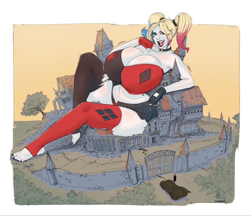 1boy 1girl bare_shoulders batman_(series) berggie blonde_hair blue_eyes breasts choker cleavage colored_skin dc_comics female_focus fingerless_gloves full_body giant giantess gloves harley_quinn highres huge_breasts long_hair midriff nail_polish stirrup_legwear thick_thighs thighhighs thighs toeless_legwear toenail_polish toenails torn_clothes twintails white_skin