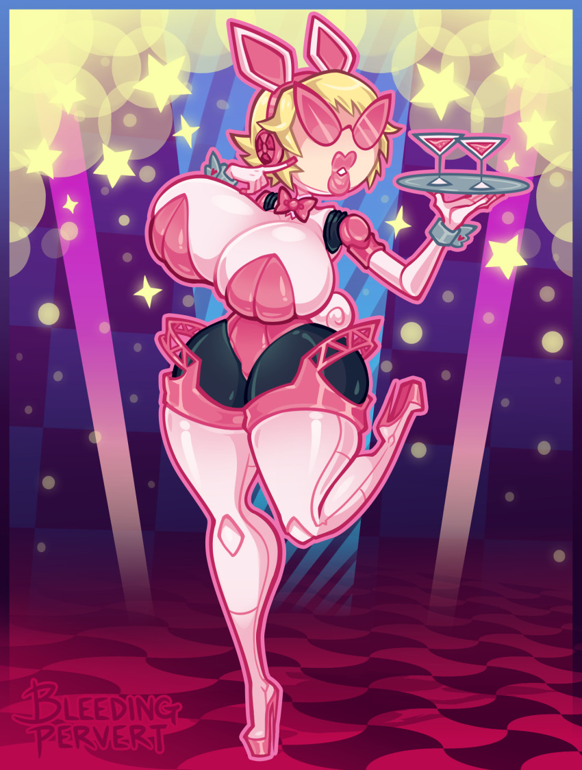 1girl aigis_(persona) beach bimbofication bleedingpervert blonde_hair blue_eyes blush breasts corruption disney doll headphones high_heels highres knick_knack large_breasts leotard lipstick makeup narrow_waist persona persona_3 pixar playboy_bunny rabbit_ears robot robot_girl short_hair solo sunglasses sunny_miami sunny_miami_tf transformation wide_hips