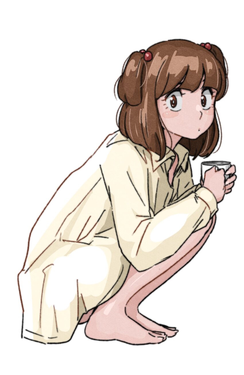 bare_legs barefoot blush brown_eyes brown_hair coffee_mug collared_shirt cup highres looking_at_viewer maison_ikkoku mug poppowerhearts shirt short_twintails squatting twintails white_shirt yagami_ibuki