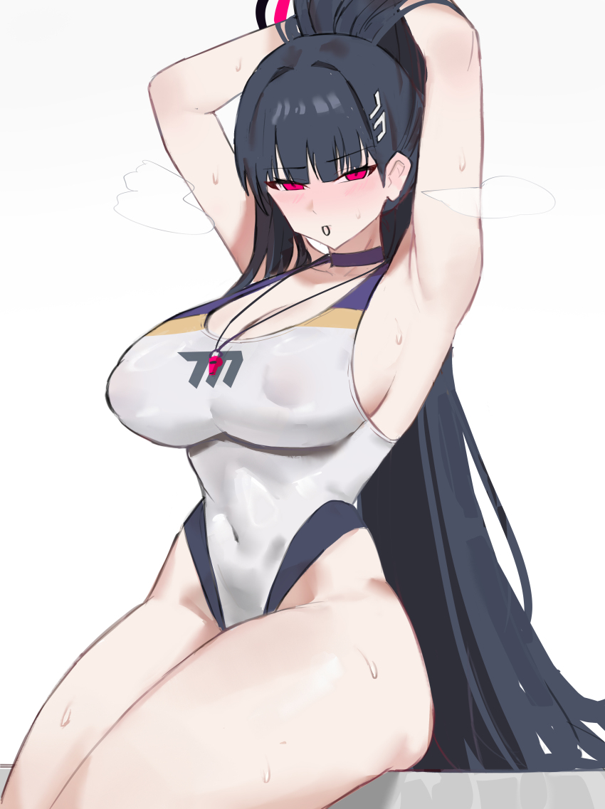 1girl absurdres alternate_costume armpits arms_up black_hair black_halo blue_archive blush breasts cleavage collarbone commentary cosplay covered_erect_nipples covered_navel english_commentary hair_ornament hair_tie_in_mouth hairclip halo high_ponytail highleg highleg_one-piece_swimsuit highres kanna_(blue_archive) kanna_(blue_archive)_(cosplay) kanna_(swimsuit)_(blue_archive) large_breasts long_hair looking_at_viewer mouth_hold multicolored_halo one-piece_swimsuit ponytail red_eyes rio_(blue_archive) rokosannn simple_background sitting solo sweat swimsuit thick_thighs thighs two-tone_halo very_long_hair whistle whistle_around_neck white_background white_one-piece_swimsuit