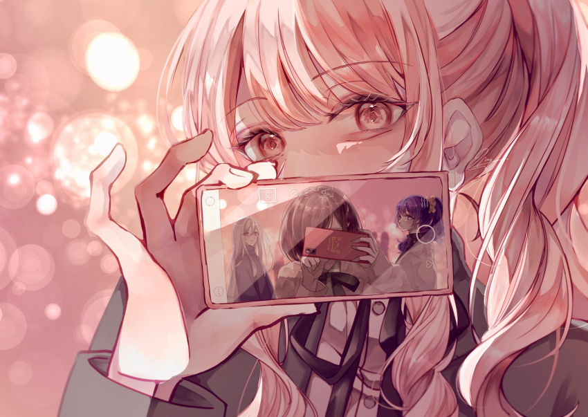 1other 25-ji_nightcord_de._(project_sekai) 3girls aegyo_sal akiyama_mizuki asahina_mafuyu black_ribbon brown_background commentary_request covered_mouth fingernails grey_jacket hair_between_eyes hand_up highres holding holding_phone jacket light_particles long_hair long_sleeves looking_at_viewer multiple_girls neck_ribbon open_clothes open_jacket phone pink_eyes pink_hair portrait project_sekai ribbon saku8587 shinonome_ena shirt side_ponytail sidelighting sidelocks simple_background solo_focus white_shirt yoisaki_kanade