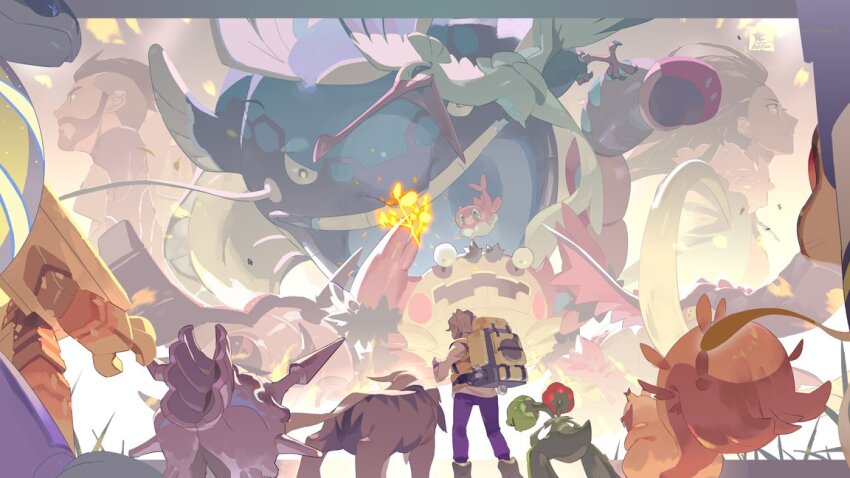 1girl 2boys arven_(pokemon) backpack bag bombirdier boots brown_hair cloyster dondozo e_volution garganacl gen_1_pokemon gen_8_pokemon greedent grey_footwear hand_up klawf long_sleeves mabosstiff multiple_boys nintendo orthworm pants pokemon pokemon_(creature) pokemon_sv purple_pants sada_(pokemon) scovillain shirt standing tatsugiri turo_(pokemon) vest yellow_bag yellow_vest