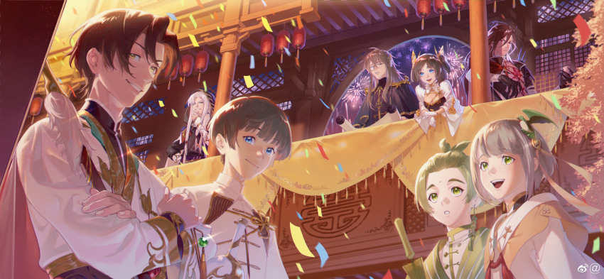 1girl 6+boys :d absurdres aqua_eyes architecture balcony bandaged_neck bandages bangs_pinned_back bird_hair_ornament black_cape black_capelet black_dress black_gloves black_hair black_robe black_shirt blue_eyes bob_cut boneless_carp_(the_tale_of_food) brown_hair butterfly_hair_ornament cape capelet chest_tattoo chinese_clothes choko_(cup) choppy_bangs closed_mouth closed_umbrella confetti crossed_arms crossed_bangs cup curtained_hair dress east_asian_architecture female_master_(the_tale_of_food) glint gloves green_eyes green_hair grey_hair grin hair_between_eyes hair_ornament hallway hand_on_own_chin hanfu highres holding holding_cup holding_scroll holding_umbrella hood hood_up jacket jewelry lantern lianhua_blood_duck_(the_tale_of_food) long_hair long_sleeves looking_at_viewer low_ponytail male_focus male_master_(the_tale_of_food) medium_hair monocle moon_gate mugwort_riceball_(the_tale_of_food) multiple_boys necklace open_mouth paper_lantern parted_bangs parted_lips pinstripe_dress pinstripe_pattern plunging_neckline ponytail red_eyes robe scroll shirt short_hair shoulder_spikes shrug_(clothing) smile spikes spring_roll_(the_tale_of_food) standing taibai_duck_(the_tale_of_food) tangzhuang tassel tattoo teeth the_tale_of_food tree two_side_up umbrella upper_body upper_teeth_only white_gloves white_hair white_jacket white_robe white_shirt white_sleeves wide_sleeves wing_hair_ornament xmjg yellow_eyes yipin_pot_(the_tale_of_food)
