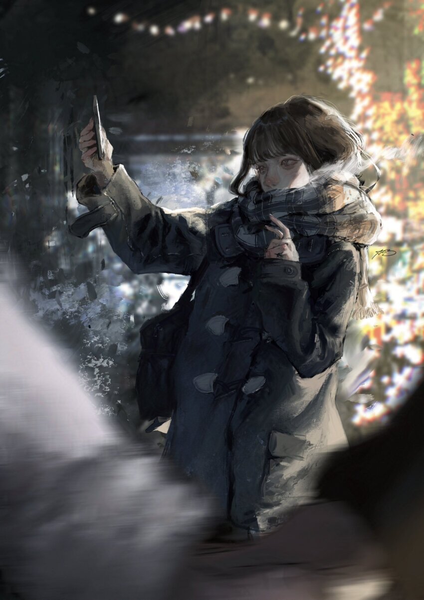 1boy 2girls arai_bokuseki black_hair blurry cellphone christmas coat commentary_request couple depth_of_field enpera grey_eyes highres holding_hands long_hair multiple_girls night original outdoors phone scarf selfie smartphone solo_focus v winter winter_clothes