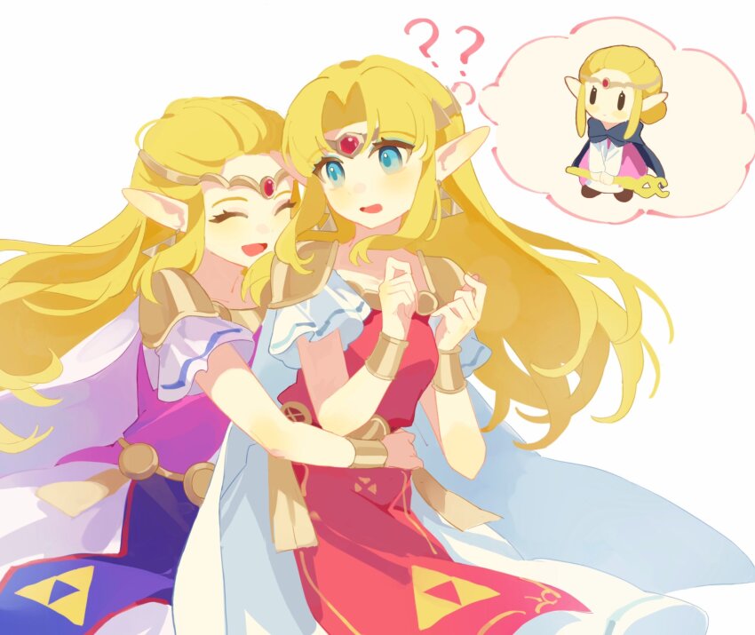 3girls armor blue_cloak blue_eyes blush bracer breasts circlet cloak closed_eyes dress gem highres holding holding_staff hug hug_from_behind long_hair medium_breasts mmmaki_0 multiple_girls nintendo parted_bangs pink_dress pointy_ears princess_zelda red_gemstone short_sleeves shoulder_armor sidelocks smile spoken_character staff the_legend_of_zelda the_legend_of_zelda:_a_link_between_worlds the_legend_of_zelda:_echoes_of_wisdom the_legend_of_zelda:_ocarina_of_time the_legend_of_zelda_ triforce white_background white_dress