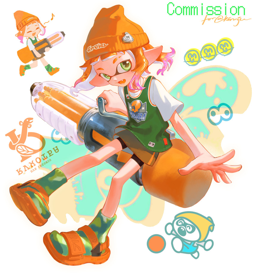 1girl :d absurdres ankle_socks ballpoint_splatling_(splatoon) beanie black_shorts chibi chibi_inset colored_tongue commentary commission commissioner_name eighth_note eyebrow_cut fangs full_body gradient_hair green_eyes green_socks hat highres holding holding_weapon inkling inkling_girl inkling_player_character jersey lilpong2 miniskirt multicolored_hair musical_note nintendo open_mouth orange_hair orange_hat orange_sandals orange_skirt orange_tongue pink_hair pointy_ears sandals shirt short_hair short_sleeves shorts shorts_under_skirt skirt smile socks solo splatoon_(series) splatoon_3 standing symbol-only_commentary tentacle_hair two-tone_hair weapon white_shirt