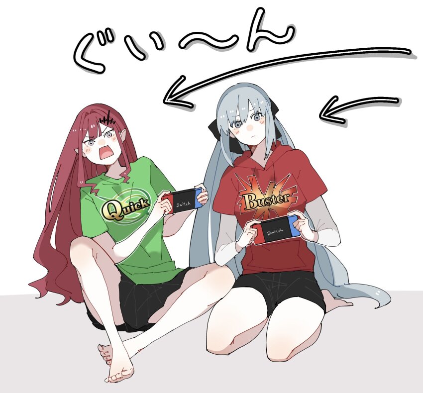 2girls baobhan_sith_(fate) barefoot black_skirt blush breasts buster_shirt euhage73 fate/grand_order fate_(series) grey_eyes hair_ribbon highres looking_at_viewer morgan_le_fay_(fate) mother_and_daughter multiple_girls nintendo_switch open_mouth pointy_ears quick_shirt ribbon sidelocks sitting skirt white_background