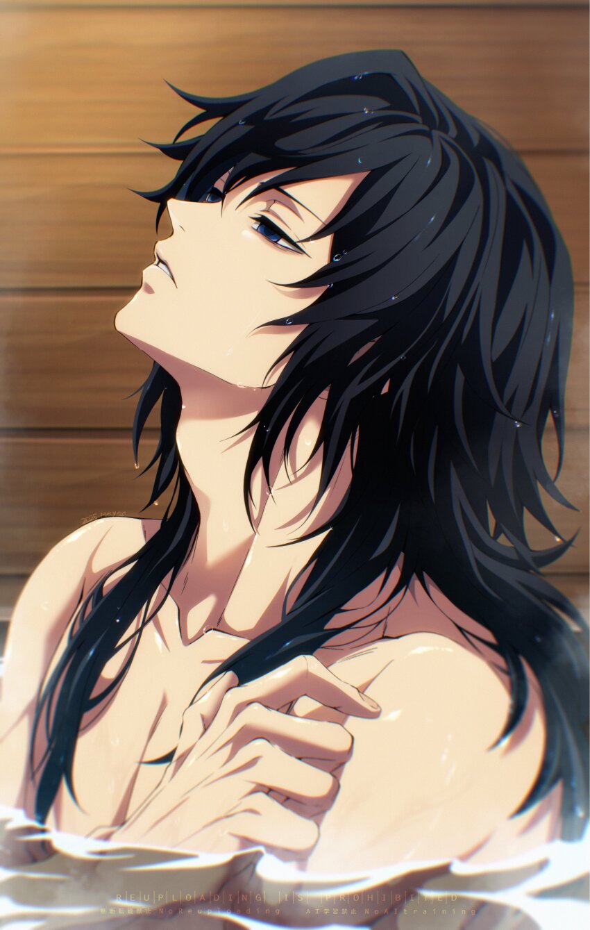 1boy absurdres bathing black_hair blue_eyes collarbone empty_eyes half-closed_eyes hand_up head_back highres indoors kimetsu_no_yaiba long_hair long_sidelocks male_focus may_(illust_man_2020) parted_lips pectorals sidelocks solo teeth tomioka_giyuu toned toned_male topless_male upper_body