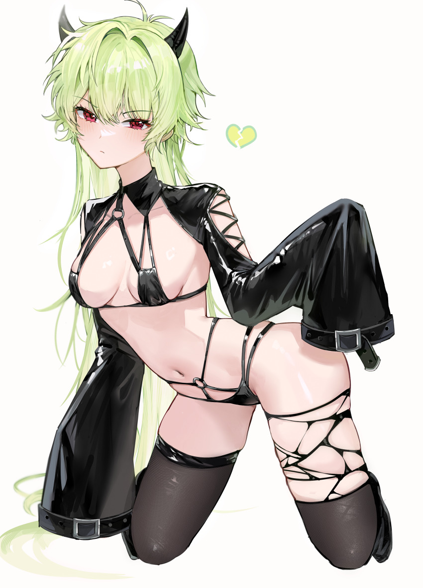 1girl absurdres breasts demon demon_girl grey_hair gurami_(zangizarang) heart highres long_hair navel o-ring original red_eyes revealing_clothes simple_background sleeves_past_fingers sleeves_past_wrists solo white_background