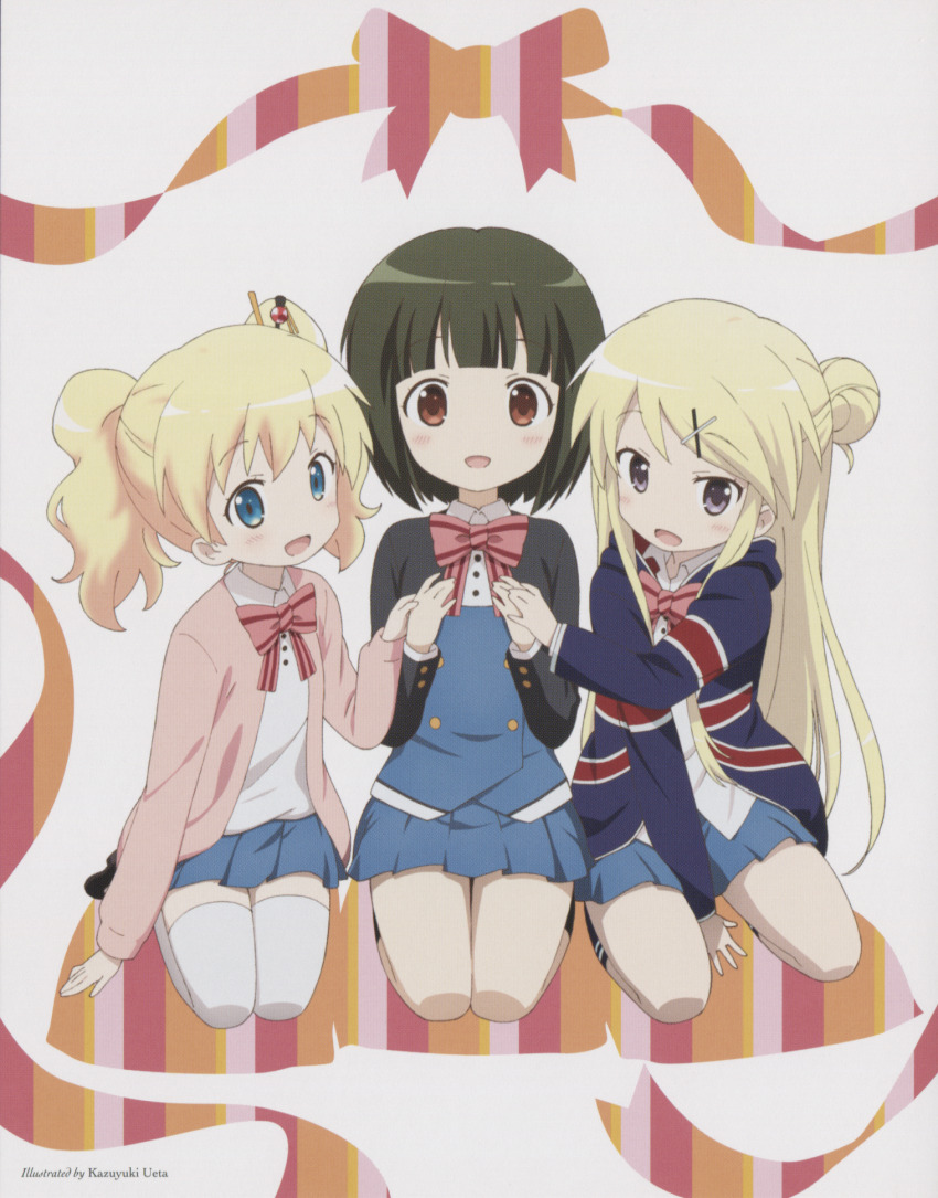 3girls :d alice_cartelet arm_between_legs artist_name black_jacket black_socks blonde_hair blue_eyes blue_hoodie blue_skirt blue_vest brown_eyes buttons cardigan collared_shirt double-breasted full_body green_hair hair_bun hair_ornament hairclip highres hood hood_down hoodie jacket kin-iro_mosaic kujou_karen long_hair long_sleeves looking_at_viewer miniskirt moegi_high_school_uniform multiple_girls non-web_source official_art oomiya_shinobu open_cardigan open_clothes open_mouth pink_cardigan pleated_skirt purple_eyes scan school_uniform seiza shirt short_hair single_hair_bun sitting skirt smile socks twintails ueta_kazuyuki vest white_shirt winter_uniform x_hair_ornament