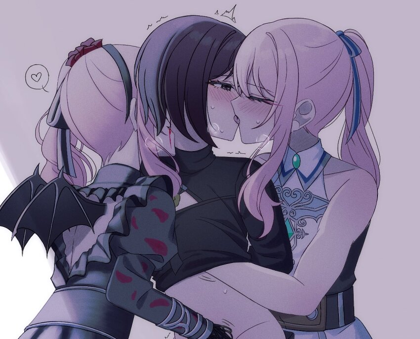 1girl 2others akiyama_mizuki androgynous blood blood_on_mouth breath brown_eyes brown_hair clone commentary demon_wings drill_hair drill_ponytail drill_sidelocks dual_persona flower flower_hairband french_kiss gem grabbing_another&#039;s_breast green_gemstone groping hair_ribbon hairband heart heavy_breathing high_ponytail high_side_ponytail implied_fingering juliet_sleeves kaitou_shinshi_no_harahara!?_white_day_(project_sekai) kiss kono_hito_hari_ni_omoi_wo_komeru_(project_sekai) long_sleeves looking_at_another multiple_others mutu_(25love) no_panties no_pants official_alternate_costume official_alternate_hairstyle other_with_female ponytail profile project_sekai puffy_sleeves red_flower ribbon shinonome_ena side_ponytail sidelocks spoken_heart sweat symbol-only_commentary take_the_best_shot!_(project_sekai) tongue trembling wings