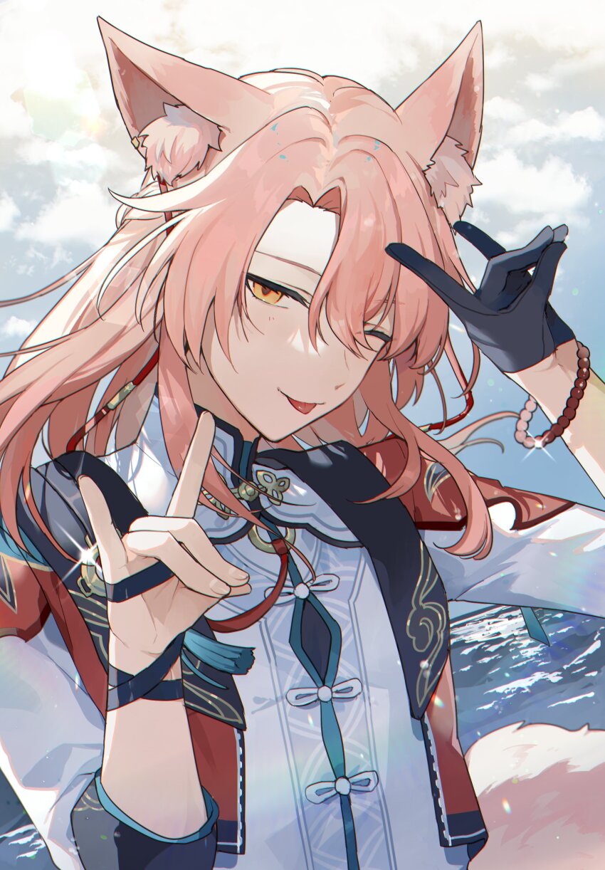 1boy absurdres animal_ear_fluff animal_ears black_gloves chinese_clothes double_fox_shadow_puppet fox_boy fox_ears fox_shadow_puppet gloves hair_between_eyes highres honkai:_star_rail honkai_(series) jacket jiaoqiu_(honkai:_star_rail) long_hair looking_at_viewer male_focus one_eye_closed outdoors pink_hair smile solo syerii tongue tongue_out upper_body yellow_eyes