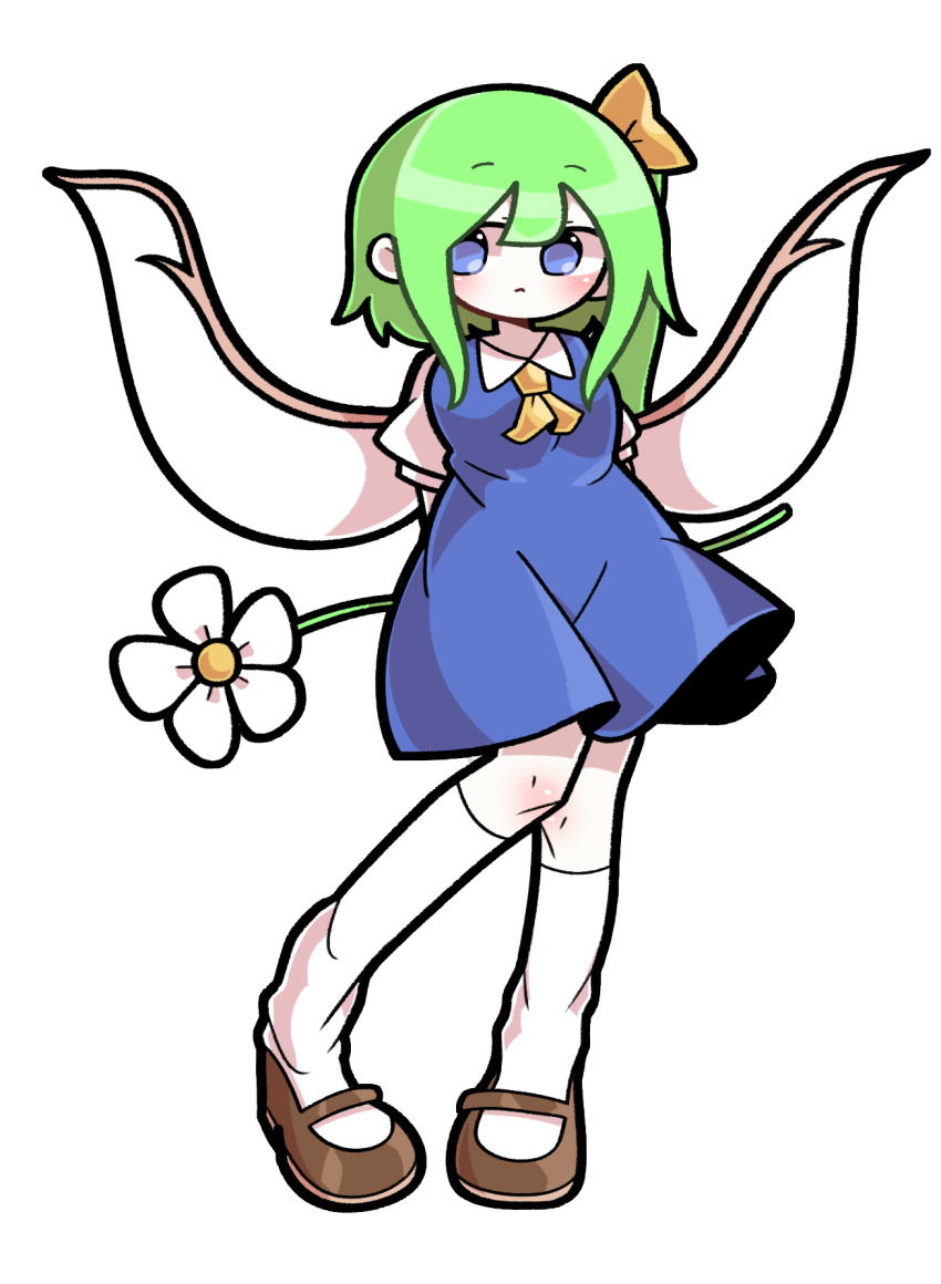 1girl ascot baek_ban blue_dress blue_eyes breasts brown_shoes collared_shirt commentary daisy_(flower) daiyousei dress flower full_body green_hair hair_between_eyes hair_ribbon highres holding holding_behind_back mary_janes medium_hair pinafore_dress puffy_short_sleeves puffy_sleeves ribbon shirt shoes short_sleeves side_ponytail sleeveless sleeveless_dress small_breasts socks solo tachi-e touhou white_flower white_shirt white_socks white_wings wings yellow_ascot yellow_ribbon