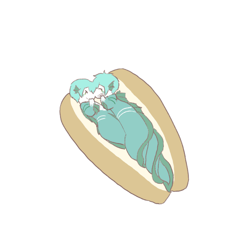 2boys blue_hair blue_skin brothers colored_skin eel_boy fins floyd_leech food full_body head_fins highres hot_dog in_food intertwined_tails jade_leech looking_at_viewer lying male_focus mini_person miniboy monster_boy multiple_boys neod on_side sharp_teeth short_hair siblings simple_background smile teeth twins twisted_wonderland white_background
