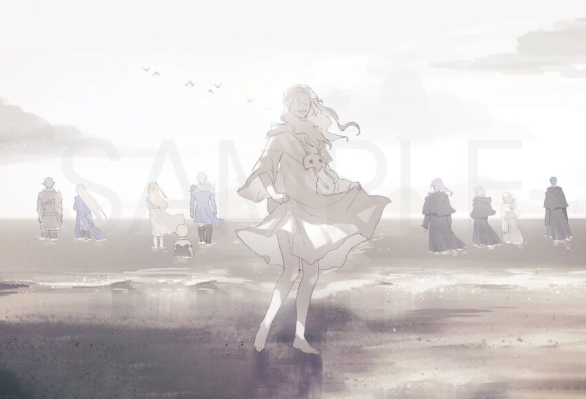 4girls 6+boys barefoot beach capelet cloud commentary_request drawstring emet-selch facing_viewer final_fantasy final_fantasy_xiv floating_hair haurchefant_greystone hermes_(ff14) horizon hythlodaeus korean_commentary long_hair mask mask_around_neck minfilia_warde moenbryda_wilfsunnwyn multiple_boys multiple_girls muted_color no_eyes ocean open_mouth outdoors papalymo_totolymo pleasebemine00 robe simple_bird skirt_hold sky smile solo_focus sophist&#039;s_robe_(ff14) themis_(ff14) unworn_mask venat_(ff14) wading walking_away water wavy_hair white_capelet white_hair white_robe white_sky ysayle_dangoulain