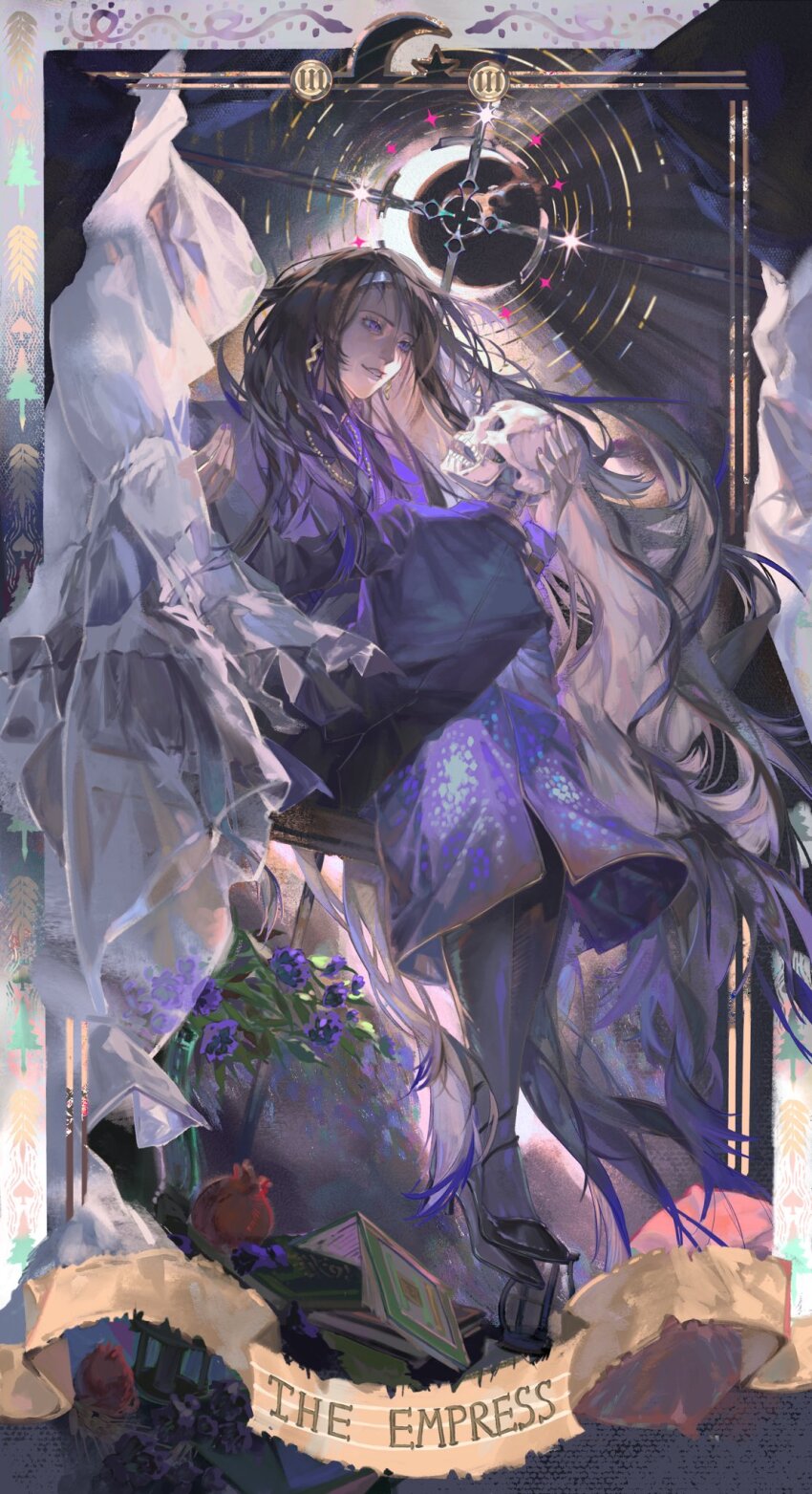 1girl black_hair book coat earrings eclipse flower hairband highres holding_skeleton iori_(project_moon) jewelry library_of_ruina long_hair looking_at_another moon multicolored_hair necklace o_zpne project_moon purple_coat purple_eyes purple_hair red_flower skeleton solo sun tarot the_empress_(tarot) two-tone_hair veil very_long_hair white_veil