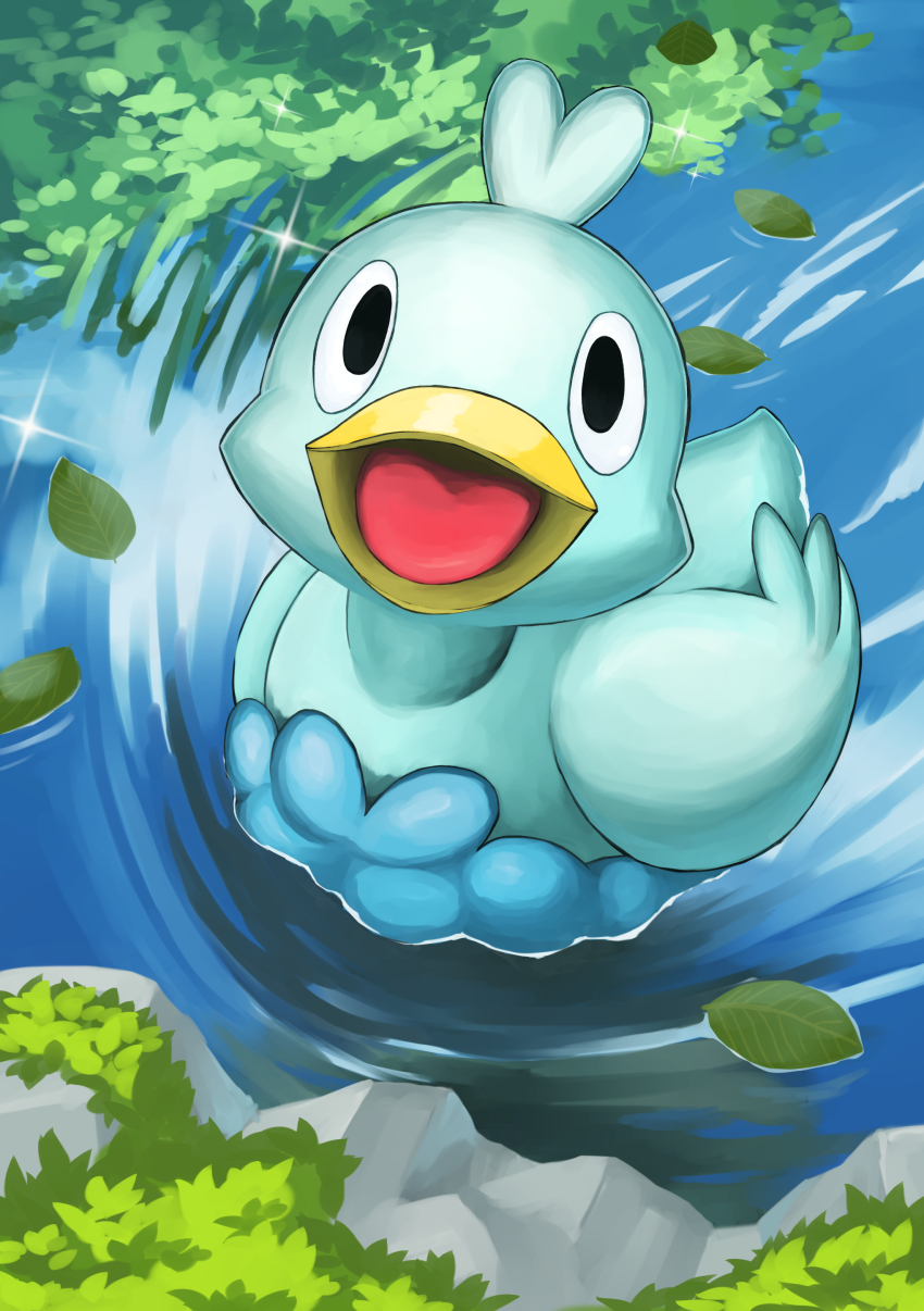absurdres animal_focus ducklett game_freak gen_5_pokemon grass highres jira_(ziraiya26) leaf looking_at_viewer nintendo no_humans open_mouth pokemon pokemon_(creature) shadow smile solo swimming water wings