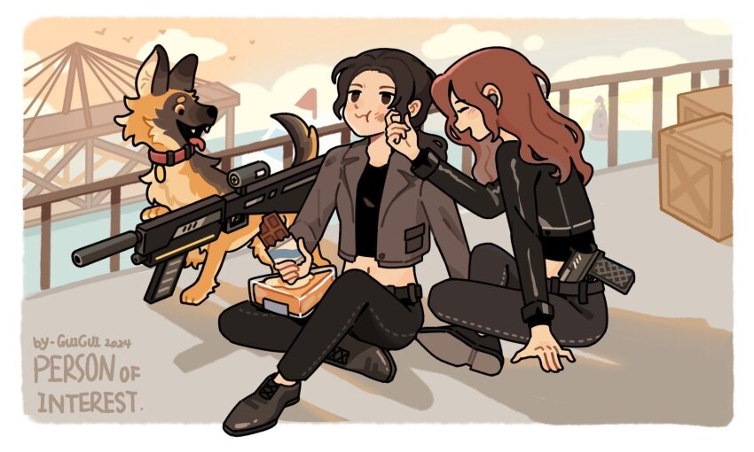 2girls :t animification artist_name belt bird black_belt black_bird black_footwear black_jacket black_pants black_shirt blush_stickers boat border bridge brown_eyes brown_hair cake cake_slice candy chewing_gum chinese_commentary chocolate chocolate_bar closed_eyes closed_mouth cloud commentary_request copyright_name crate cross-laced_footwear crossed_legs dated dog earbuds earphones eating flag food full_body german_shepherd guigui_ye_guigui gun hand_in_another&#039;s_hair handgun highres holding holding_food jacket layered_sleeves leather leather_jacket lighthouse long_hair long_sleeves low_ponytail midriff multiple_girls navel ocean open_mouth orange_skirt outdoors pants person_of_interest ponytail railing red_hair ribbon-trimmed_pants rooftop root_(person_of_interest) sameen_shaw_(person_of_interest) shadow shirt shoes shotgun simple_bird sitting skirt smile sunset watercraft wavy_hair wavy_mouth weapon white_border