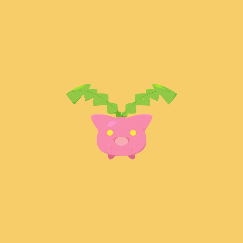 :d afuron commentary_request full_body gen_2_pokemon happy highres hoppip looking_at_viewer nintendo no_humans open_mouth pokemon pokemon_(creature) pokemon_focus simple_background smile solo yellow_background yellow_eyes