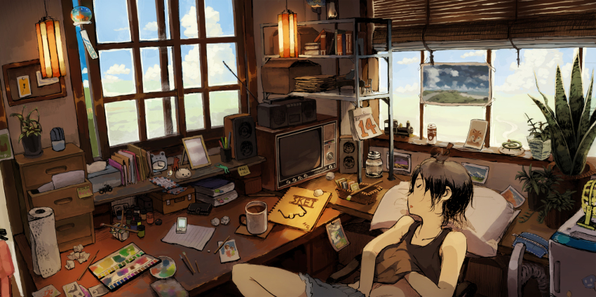 1girl alarm_clock animal animal_on_head bare_legs bare_shoulders bird bird_on_head black_hair black_tank_top blue_shorts blue_sky book bookmark bulletin_board calendar_(object) clock closed_eyes cloud coffee collarbone crumpled_paper cup day denim denim_shorts drooling eurasian_tree_sparrow feet_out_of_frame female_masturbation hand_in_clothes hatsuga_(dmaigmai) highres indoors lantern masturbation masturbation_through_clothes midriff_peek mug napkin navel note on_head open_mouth original paint_palette paintbrush painting_(object) paper_towel picture_frame pillow plant pointy_nose potted_plant radio scenery short_hair shorts sketchbook sky sleeping solo sparrow stereo tank_top tape television too_many too_many_books wide_shot wind_chime window