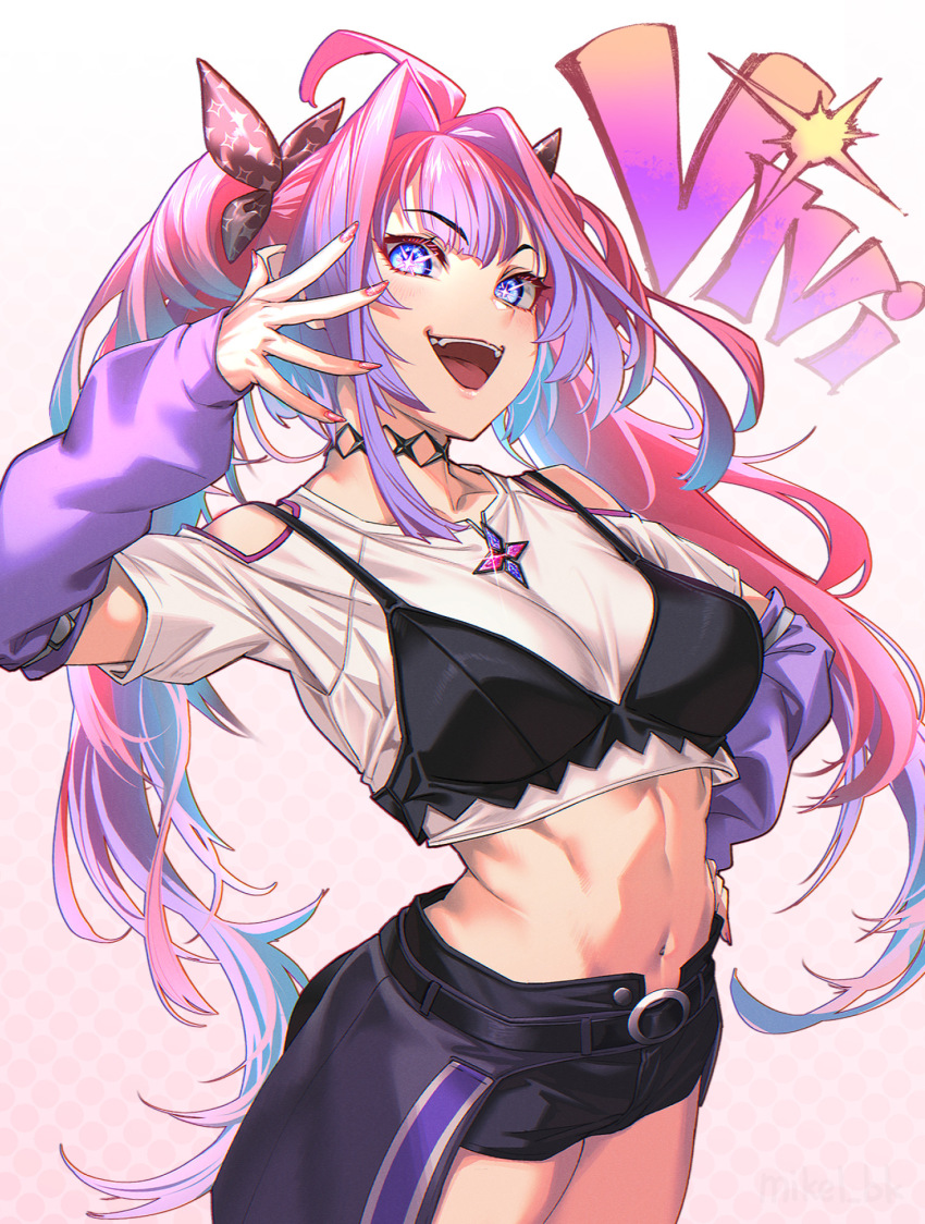 +_+ 1girl ahoge black_bra black_pants black_ribbon black_shorts blue_eyes blush bra bra_over_clothes breasts collarbone fingernails hair_intakes hair_ribbon highres hololive hololive_dev_is kikirara_vivi large_breasts long_hair long_sleeves looking_at_viewer mikel_(4hands) multicolored_hair nail_polish navel open_mouth pants pink_hair pink_nails purple_sleeves ribbon shirt shorts simple_background smile solo stomach teeth thighs two-tone_hair underwear upper_teeth_only virtual_youtuber white_background white_shirt