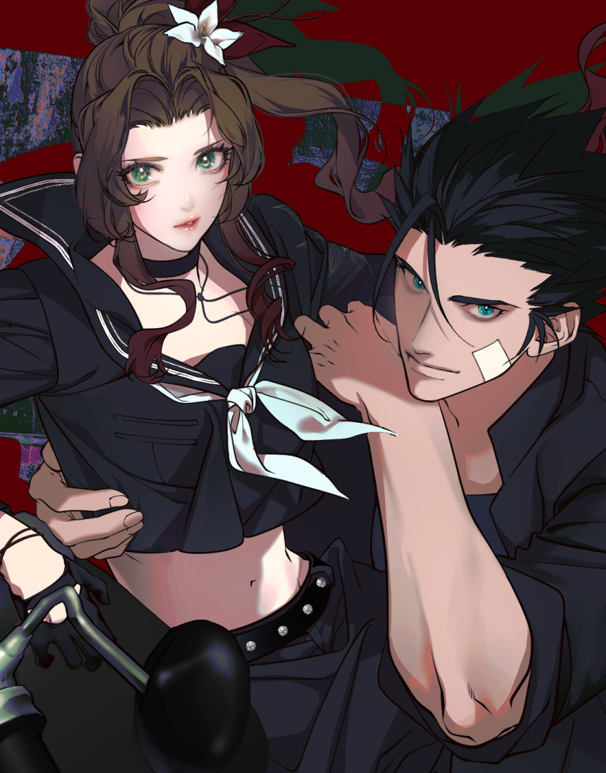1boy 1girl aerith_gainsborough aerith_gainsborough_(midgard_seventh_high_school) bandaid bandaid_on_cheek bandaid_on_face black_choker black_hair black_jacket black_sailor_collar black_serafuku black_skirt blue_eyes brown_hair choker closed_mouth cowboy_shot cropped_shirt delinquent final_fantasy final_fantasy_vii final_fantasy_vii_ever_crisis flower gakuran green_eyes hair_flower hair_ornament hand_on_another&#039;s_waist highres jacket long_hair looking_at_viewer midriff navel neckerchief official_alternate_costume open_clothes open_jacket parted_bangs parted_lips ponytail s_sohwagi_s sailor_collar school_uniform serafuku skirt spiked_hair sukeban upper_body white_flower white_neckerchief zack_fair zack_fair_(midgard_seventh_high_school)