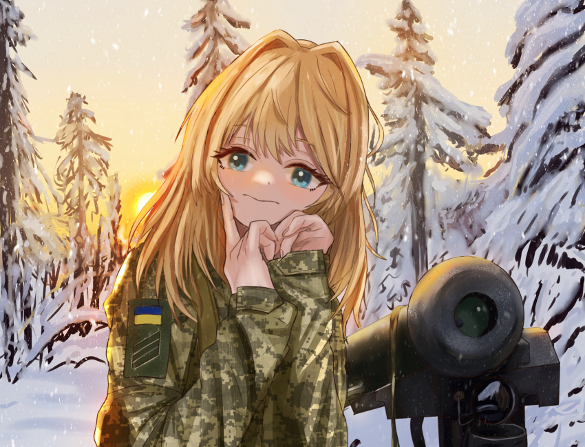 1girl blonde_hair blue_eyes camouflage camouflage_jacket cranes_(hiroro1) digital_camouflage fgm-148_javelin highres jacket long_hair military military_uniform missile_launcher outdoors russo-ukrainian_war snow sun sunlight tree ukrainian_flag weapon