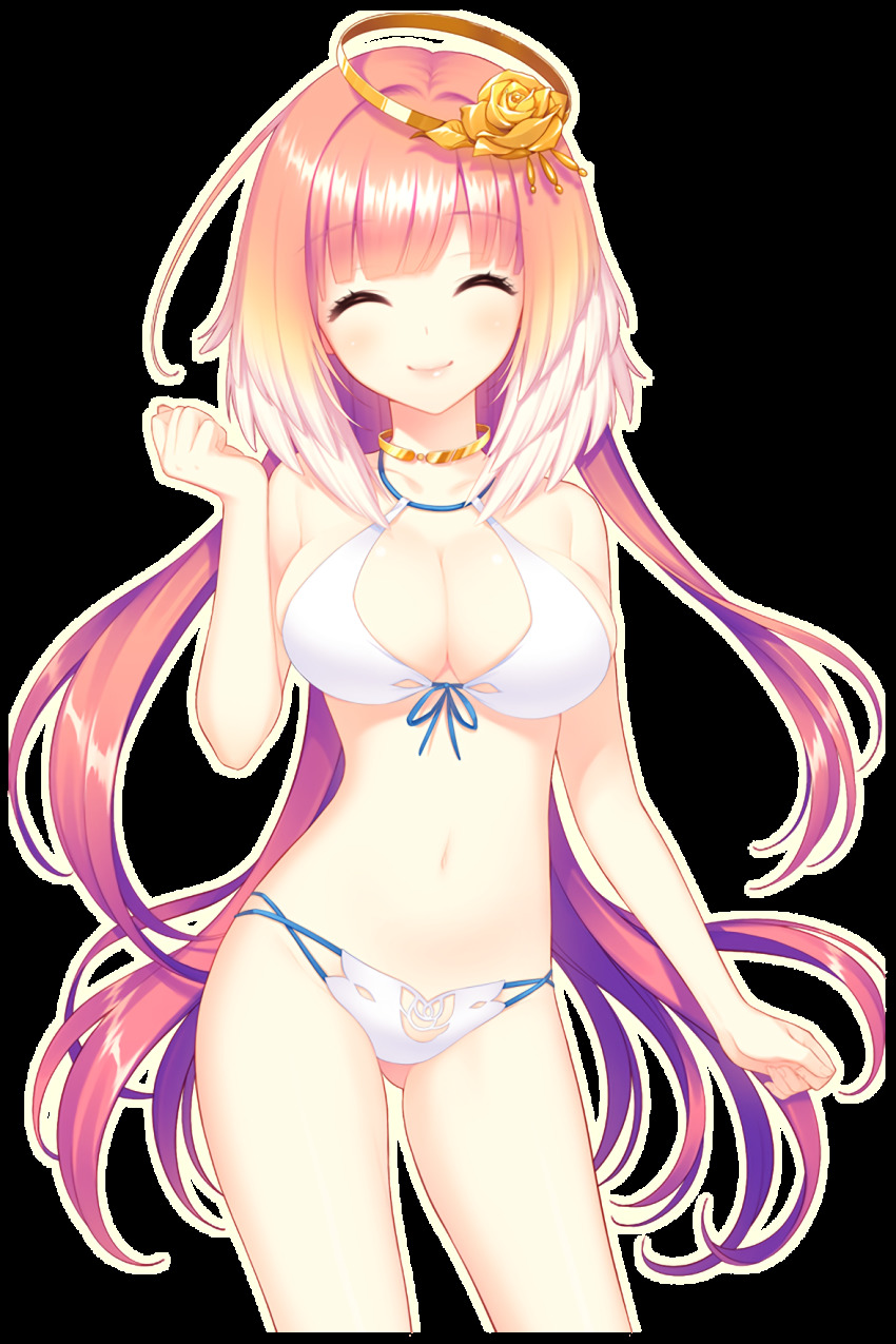 1girl bikini breasts closed_eyes floral_print gluteal_fold golden_rose hair_ornament highres large_breasts long_hair official_art pink_hair rose_print selena_(soccer_spirits) shirahane_nao smile soccer_spirits stomach swimsuit transparent_background white_bikini