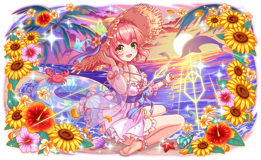 1girl 6+others :&gt; alternate_costume animal anklet aqua_ribbon artist_request bare_legs bare_shoulders beach blush bracelet breasts bug butterfly butterfly_wings cetacean_tail clam_shell clam_shell_ornament claws cleavage cloud collarbone conch crab crash_fever cross-laced_clothes cross-laced_one-piece_swimsuit cross-laced_straps dolphin ear_wings fins fish_tail floral_print_one-piece_swimsuit flower frilled_jacket frills full_body game_cg gradient_sky hand_on_headwear hanrakgungi_(crash_fever) hat hat_flower hat_ribbon hibiscus holding holding_animal innertube insect insect_wings jacket jewelry leaf light_particles looking_back medium_breasts multiple_others no_wings ocean official_alternate_costume official_art one-piece_swimsuit open_mouth outdoors outline partially_submerged pink_flower pink_ribbon red_flower red_outline ribbon sand saturated see-through_clothes see-through_jacket see-through_sleeves seiza sitting sky sleeve_ribbon three-quarter_sleeves solo_focus spaghetti_strap sparkle starfish sun_hat sunset swim_ring swimsuit tachi-e tail tongue transparent_background twisted_torso two-tone_flower water_drop wet white_flower white_jacket white_one-piece_swimsuit white_sleeves wings yellow_flower