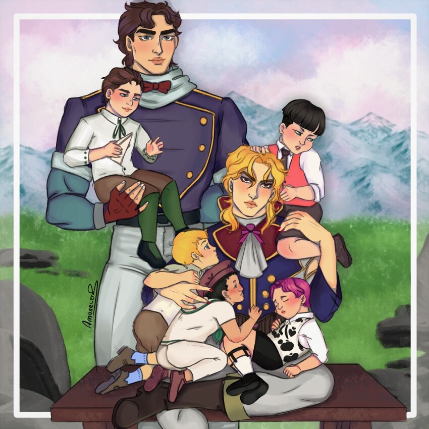 6+boys aged_down amanecerberdugo animal_print blonde_hair brown_hair carrying child cow_print dio_brando donatello_versus family father_and_son george_joestar_ii giorno_giovanna haruno_shiobana hat highres jojo_no_kimyou_na_bouken jonathan_joestar male_focus multiple_boys rikiel short_hair sitting sitting_on_lap sitting_on_person smile ungaro yaoi